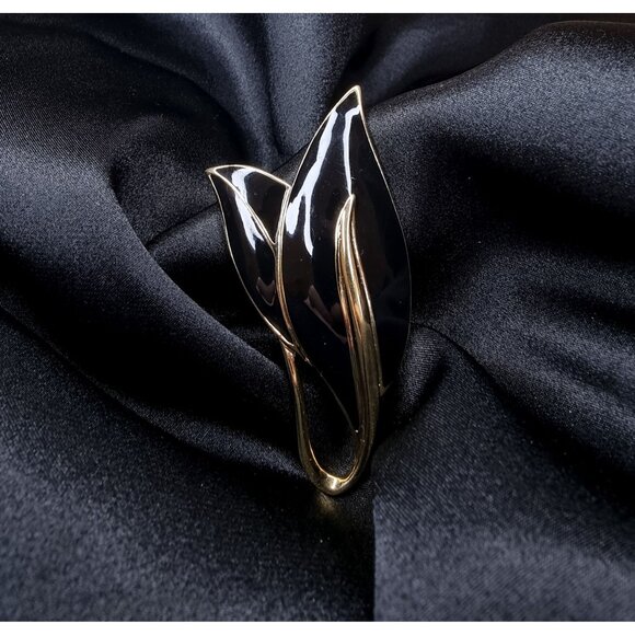 Vintage 1960s TRIFARI Signed Black & Gold Leaf Brooch Pin - Picture 4 of 5